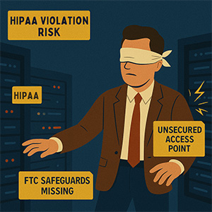 Blindfolded man in suit facing data servers with HIPAA violation risk and unsecured access warnings