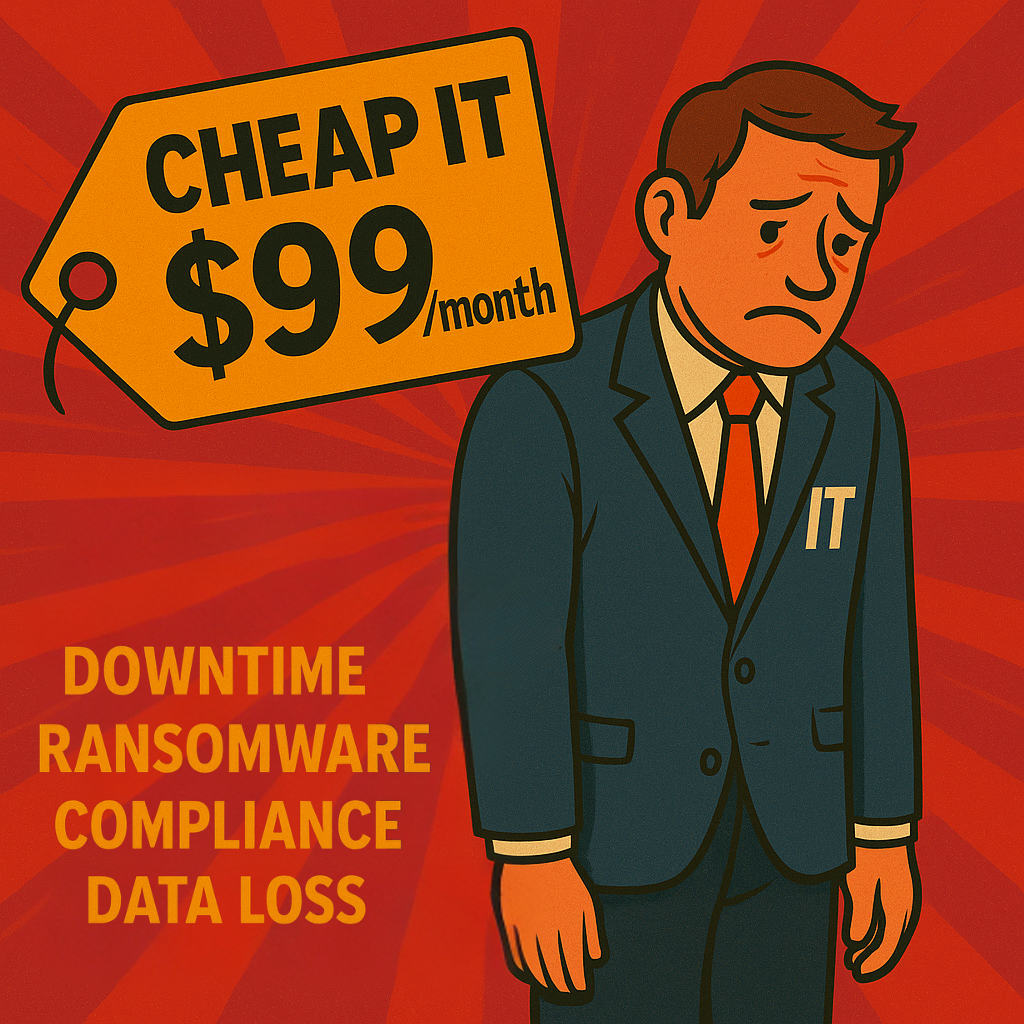 Sad IT worker under $99/month price tag with risks like downtime, ransomware, compliance, and data loss highlighted.